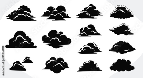 Diverse collection of sixteen different black cloud silhouettes in various puffy shapes and sizes is arranged in a grid on light grey.