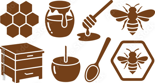 Honey bee icons: hive, jar, honeycomb, honey dipper, spoon, vector
