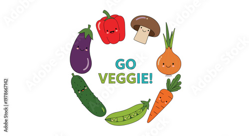 Circle of smiling cartoon vegetables including an eggplant, pepper, and onion surrounds the text Go Veggie to promote healthy eating habits.