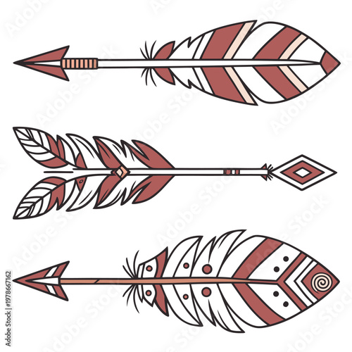 Collection of three stylized native american arrows with hand drawn line art white background american fletching stylized illustration