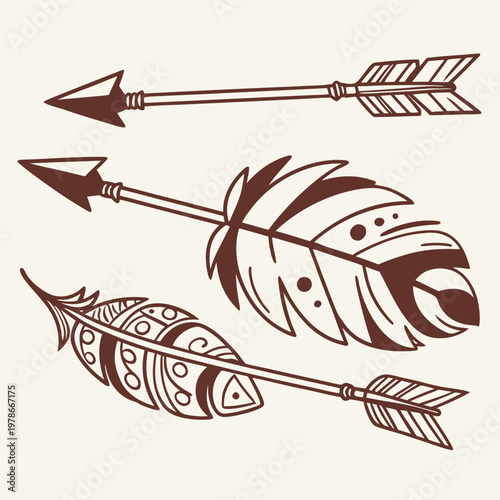 Brown line art tribal arrows with feather details hand drawn beige background dark brown fletching illustration american ornament