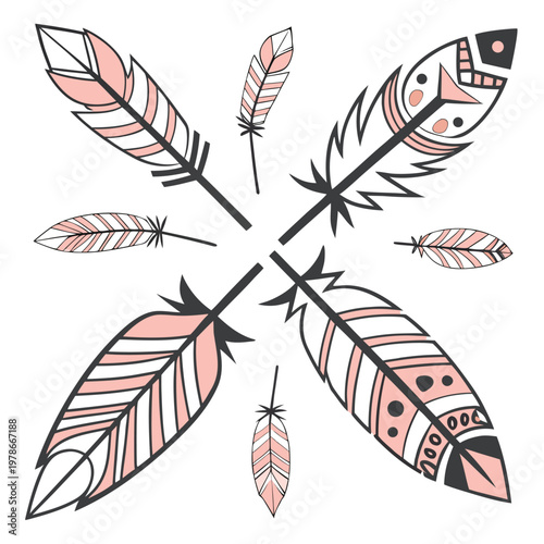 Radial arrangement of boho feather arrows with hand drawn line art white background fletching symmetrical arrangement decoration