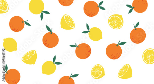 Bright pattern of whole and sliced lemons and oranges with green leaves is scattered across a white background, creating a fresh citrus theme.