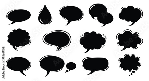 Assorted collection of twelve black speech and thought bubble silhouettes in various rounded and puffy shapes is arranged on white backdrop.