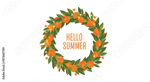 Circular wreath made of orange fruits and green leaves features the words Hello Summer in the center and is decorated with small hearts.