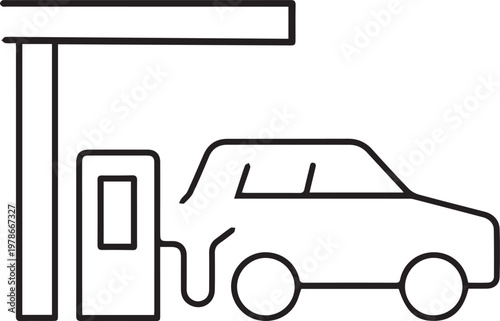 Gas Station Icon with Car Refueling at Petrol Pump - Minimalist Line Art Vector Illustration