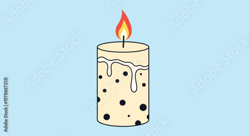Tall beige candle with black polka dots and melting wax features a bright orange flame against a soft blue backdrop.