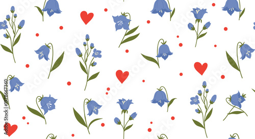 Charming floral pattern features blue bellflowers and red hearts scattered across a white background for a romantic feel.