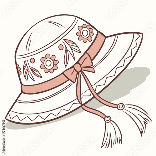 Hand-drawn floral sun hat with ribbon and tassels ladies hat women s hat line art illustration accessory headwear decorative clothing