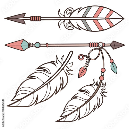 Bohemian arrows and feathers illustration with tribal patterns hand drawn bohemian illustration ornament decoration collection isolated