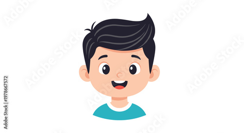 Cheerful little boy with dark hair and a wide happy smile is portrayed in a clean and modern flat cartoon avatar style.