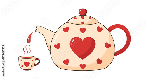 Adorable ceramic teapot and matching cup decorated with red hearts pour out a warm beverage for a cozy romantic setting.