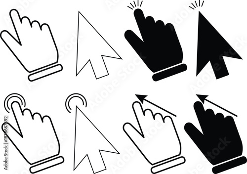 Cursor and hand click icons set with pointer arrows and tap gestures in solid and outline styles ideal for UI design, apps, tutorials and web interfaces