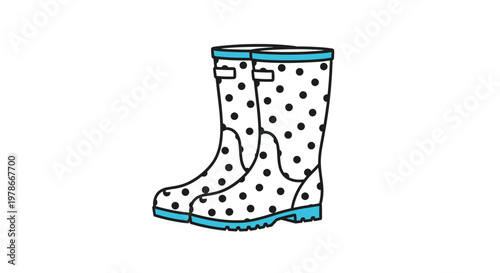 Pair of white rubber rain boots decorated with black polka dots and light blue soles is ready for wet weather days.