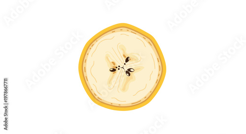 Detailed cross section slice of a yellow banana reveals the inner texture and seeds of the fruit on a white background.