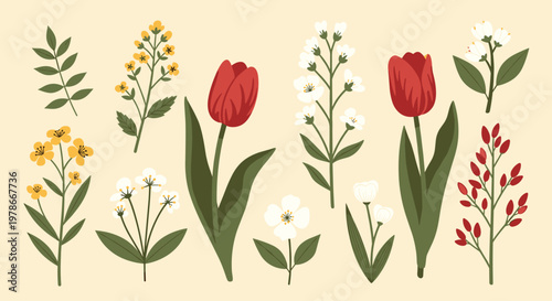 Diverse collection of colorful spring flowers including tulips and daisies set against a soft beige background for projects.