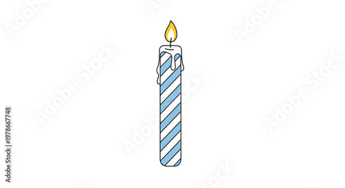 Simple vector illustration of a single blue and white striped birthday candle with a glowing yellow flame on top.