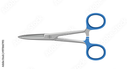 A pair of sharp medical scissors with blue handles on a white background