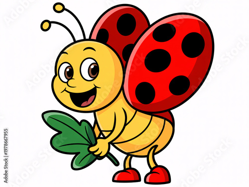 A cheerful cartoon ladybug holding a leaf with a big smile