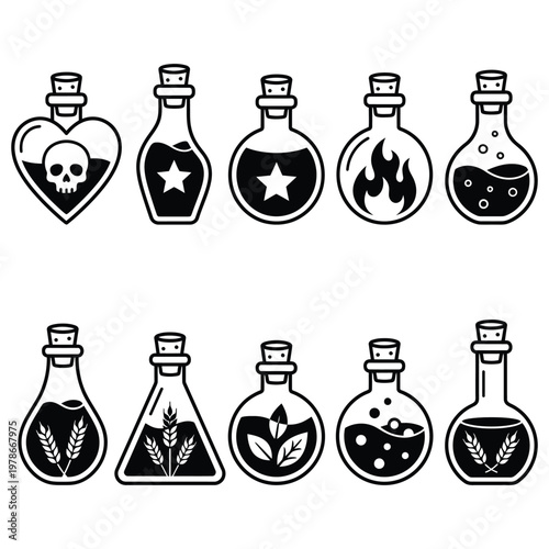 Collection of ten various illustrated potion bottles with different liquid contents and symbols
