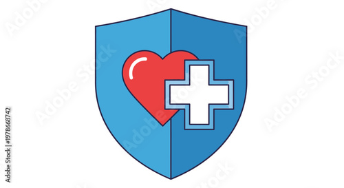 A blue shield with a red heart and white cross symbolizes protection and medical care.