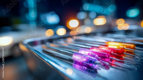 Surgical instruments neatly arranged on an operating table under clinical lighting, symbolizing precision, sterility and modern healthcare