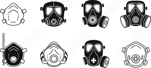 Collection of vintage and modern gas masks a black and white illustration for protective gear and historical context