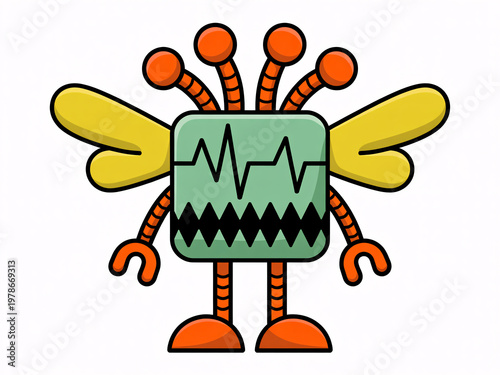 A cartoon robot with insect wings and a green body stands on a white background