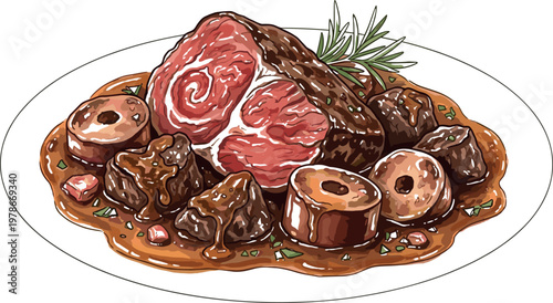 Beef Steak with Sauce and Mushrooms Gourmet Meat Dish Fine Dining Food Vector Illustration