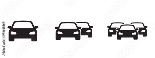 Black silhouette of a single car, two cars, and three cars arranged in a horizontal row on a white background