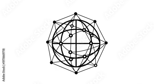 An intricate geometric illustration of a complex sphere with interconnected lines and nodes, showcasing a detailed graphic design element.