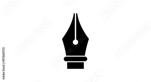 A graphic illustration of a pen nib on a white background showcases writing instrument details.
