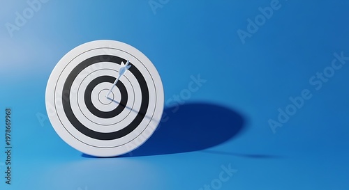 Archery Target with Arrow in Center on Blue Background with Soft Light and Shadow