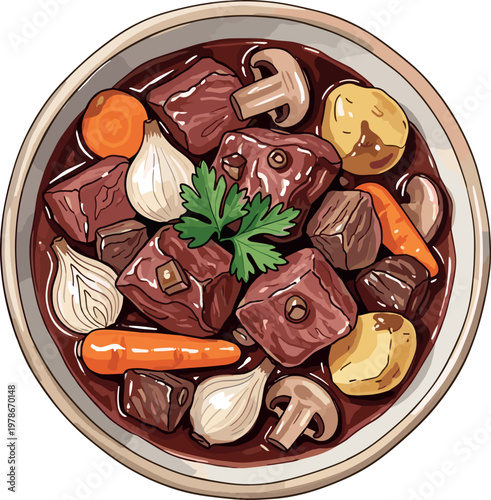 Beef Stew Bowl with Vegetables Meat Soup Carrot Potato Mushroom Homemade Food Vector Illustration