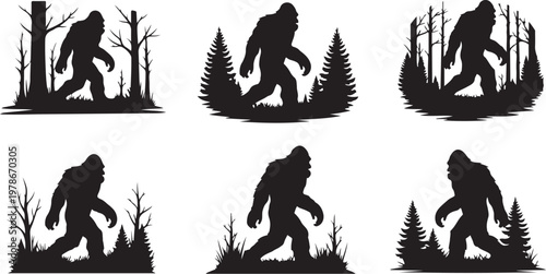 Bigfoot Silhouette Walking Through Forest in Various Scenic Landscapes