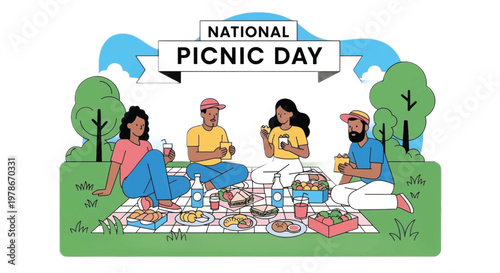 National Picnic Day, outdoor picnic scene, vector illustration, food and people, celebration