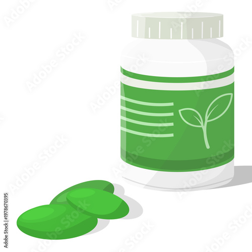 A white plastic supplement bottle with a green leaf label, paired with three green softgel capsules. Perfect for natural health, herbal remedies, vitamins and dietary supplement branding.