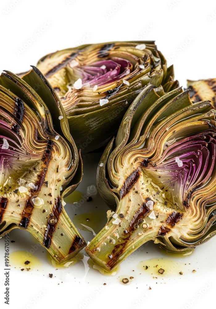 Obraz premium Grilled artichoke halves are seasoned with sea salt and drizzled with olive oil against a white background.