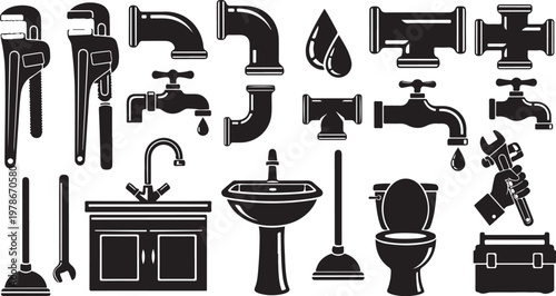 Black and white plumbing tools and fixtures icon set collection