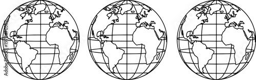 Black and white line drawing of multiple earth globes from different angles with grid lines on white background  world map illustrations