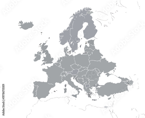 Gray map of Europe with country borders on white background  European continent illustration