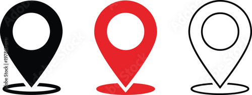 Map pin icons in black red and white colors for navigation and location marking on websites and applications  various map pointer symbols