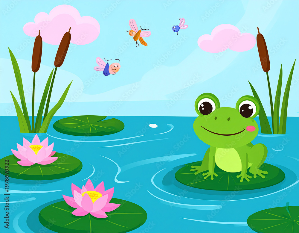 Fototapeta premium Cute cartoon frog on a lily pad with dragonflies and cattails