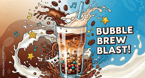 Glass Cup Of Bubble Tea With Tapioca Pearls.