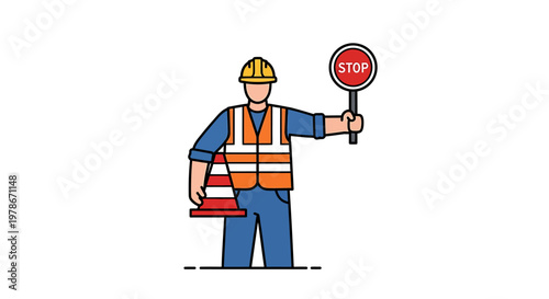 Vector icon depicting a construction worker in safety gear, holding a stop sign and traffic cone to manage road safety and site access