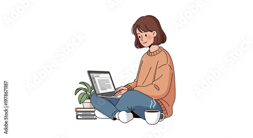 Young woman sitting cross-legged on the floor working on a laptop with a cup of coffee and books nearby