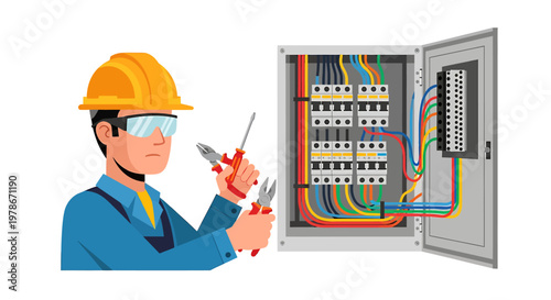 Electrician with safety gear working on electrical panel, connecting wires, performing installation, maintenance, and ensuring power system safety