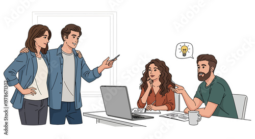 Teamwork and collaboration in a modern office setting, illustrating a brainstorming session with diverse colleagues and creative ideas