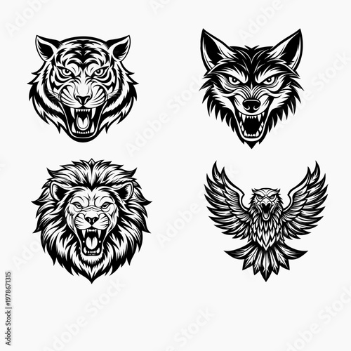 Fierce Animal Head Mascot Set – Tiger, Wolf, Lion & Eagle.A bold black-and-white collection of fierce animal head illustrations featuring a tiger, wolf, lion, and eagle. Each design showcases intense 