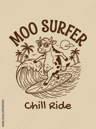 Cow Riding Surfboard On Wave.